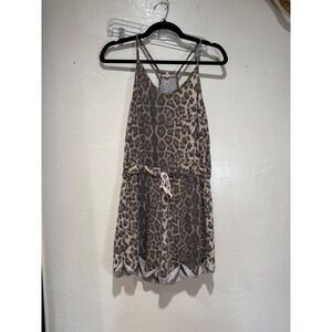 Womens Leopard Print Racerback Romper Scalloped‎ Hem Brown Large